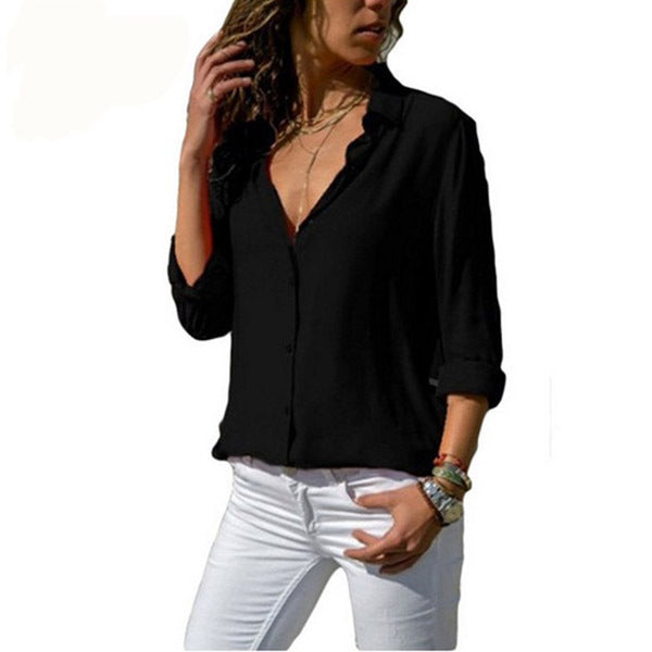 Women's Solid Polyester Fiber Color Deep Button Long Sleeve Shirt
