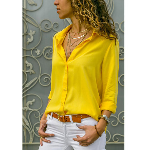 Women's Solid Polyester Fiber Color Deep Button Long Sleeve Shirt
