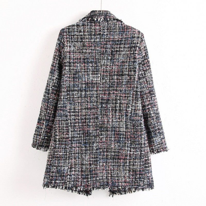 Mid-length Lapel Pearl Buckle Tassel Plaid Plus Size Women's Coat