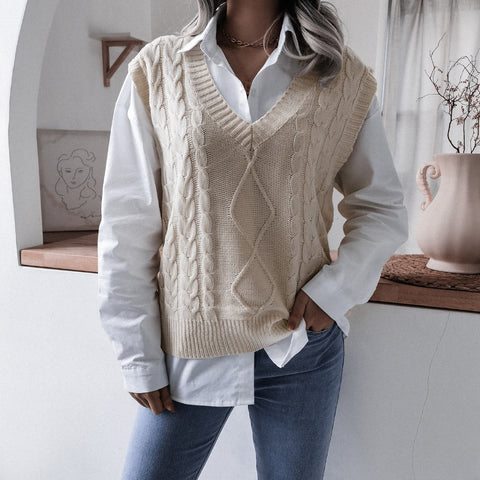 V-neck Twist Casual Loose Solid Color Knit Sweater Women's Vest