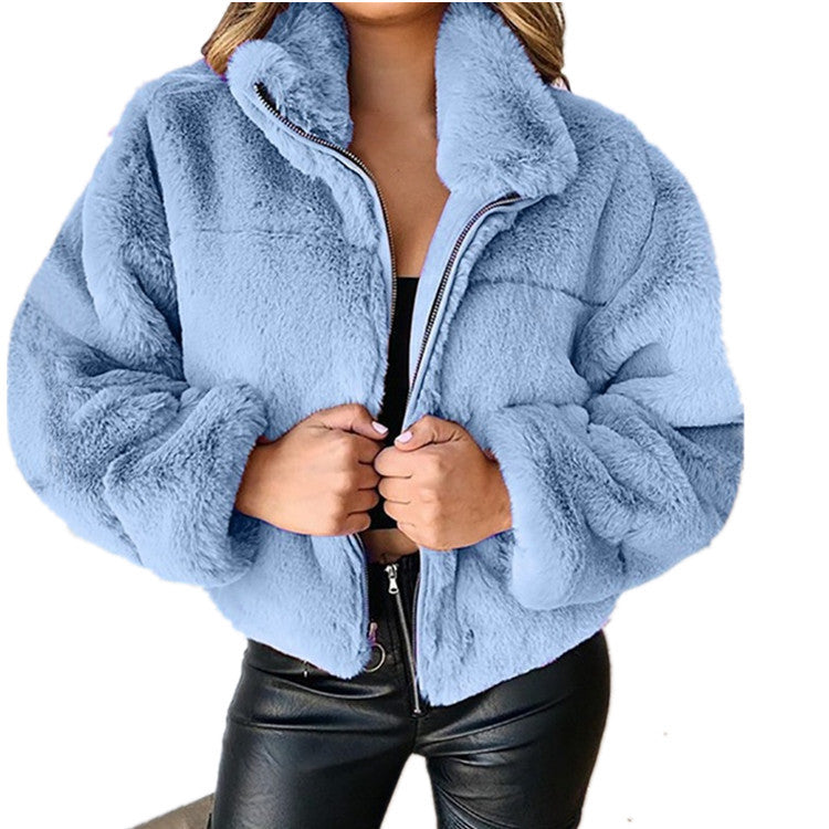 Flannel Women's Rabbit Fur Zipper Cardigan Plush Warm Coat
