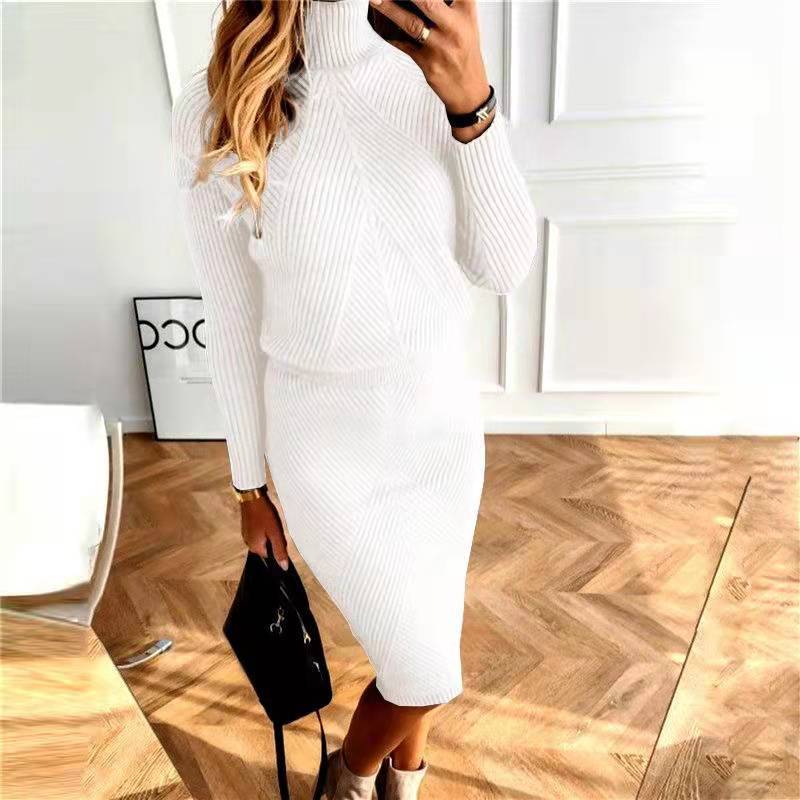 Temperament Commute Women's Turtleneck Knitting Solid Color Pullover Sweater Suit Skirt