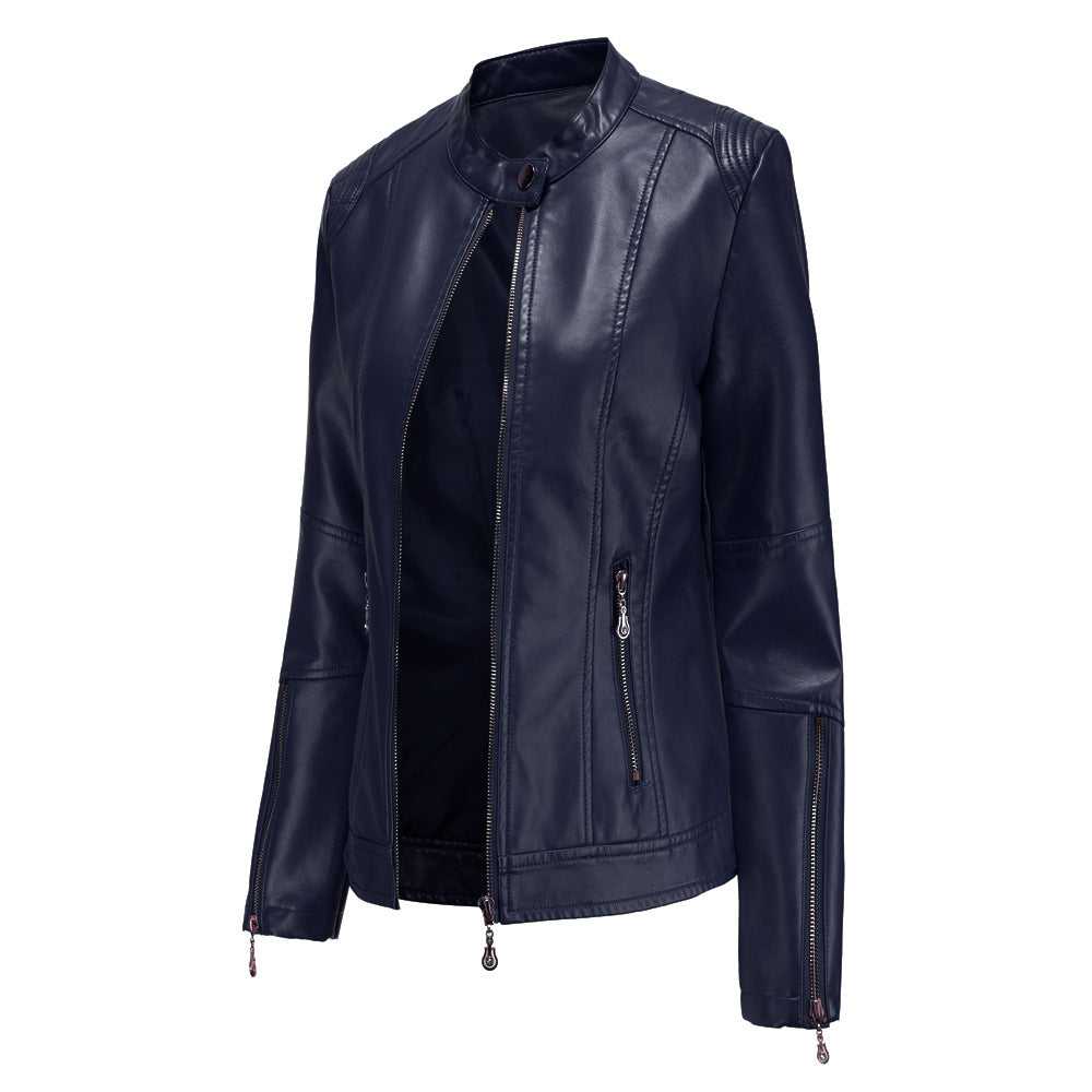 Fashion Women's Leather Conventional Short Collar Jacket Thin Dark Blue Coat