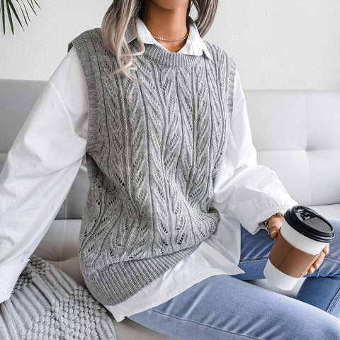 Round Neck Hollow Solid Color Leaves Casual Knitted Sweater Women's Vest