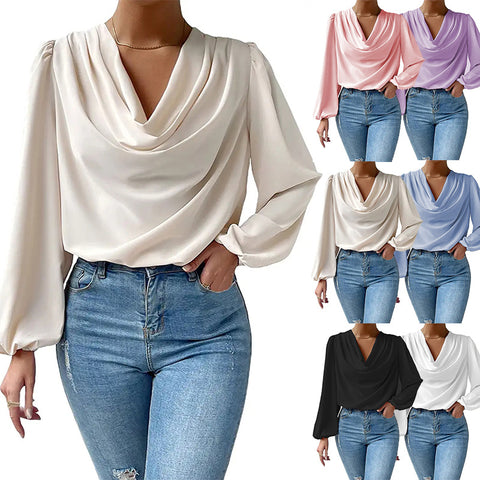 Chiffon Long Solid Color Sleeve Loose V-neck Casual Top T-shirt Women's Shirt