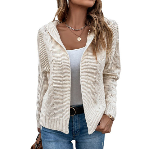 Women's Knitwear Loose Solid Color Hooded Cable-knit Sweater Cardigan Jacket