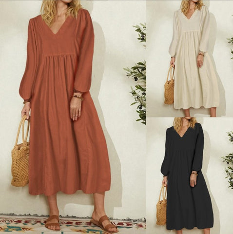 Women's Spring Fashion Wear Cotton Elegant Style Linen Loose Lantern Sleeve Dress