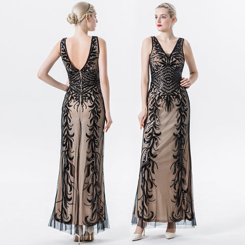 Sleeveless Sequins Elegant Deep V-neck Slim-fit Long Evening Party Women's Dress