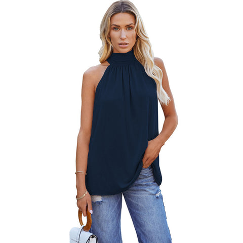 Summer Solid Color Sleeveless Polyester Fiber Top Women's Mid-length Leisure Pullover Vest
