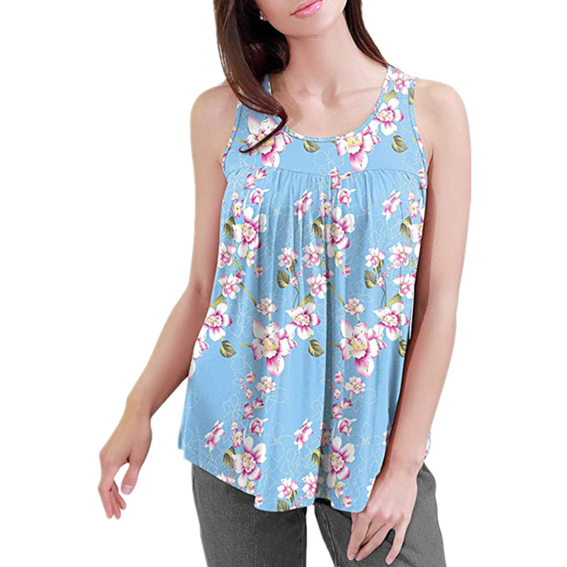 Summer Cotton Blend Women's Printed Round Neck Pleated Sleeveless Vest Top T-shirt