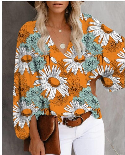 Autumn Printing V-neck Casual Printed Sleeves Top Women's Shirt