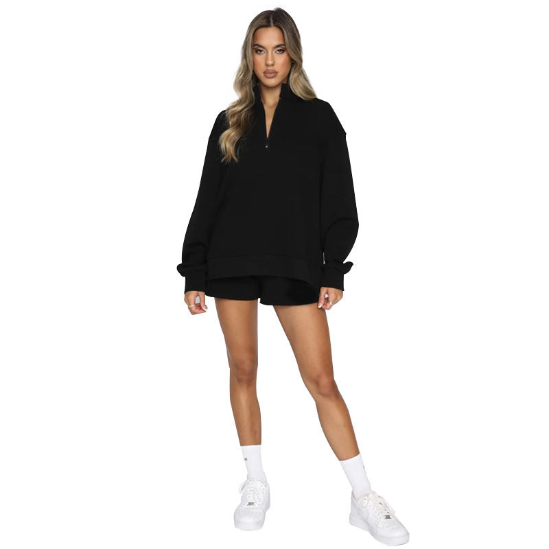 Solid Casual Style Color Collar Zipper Pullover Long Sleeve Sweater Women's Fashion Shorts