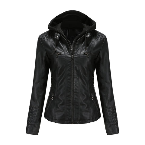 Hooded Leather Two-piece Stand Collar Large Size Coat Women Washed Jacket