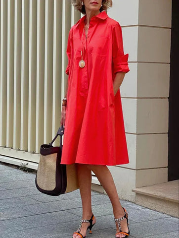 Autumn Shirt Long Polo Collar Sleeve Solid Color Simple Mid-length Dress