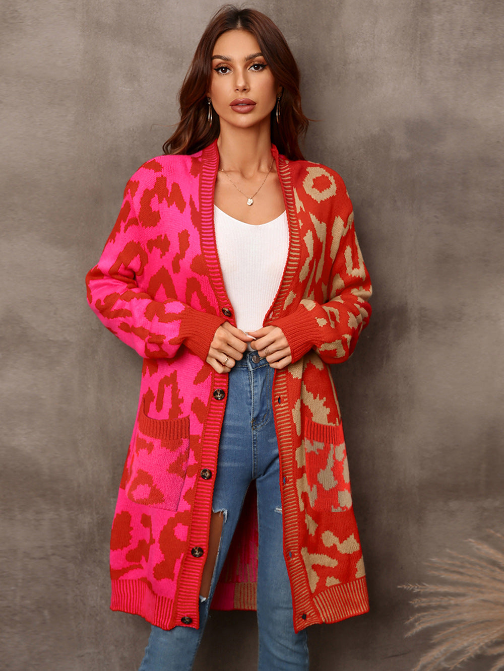 Leopard Splicing Contrast Color Cardigan Mid-length Coat Women's Sweater