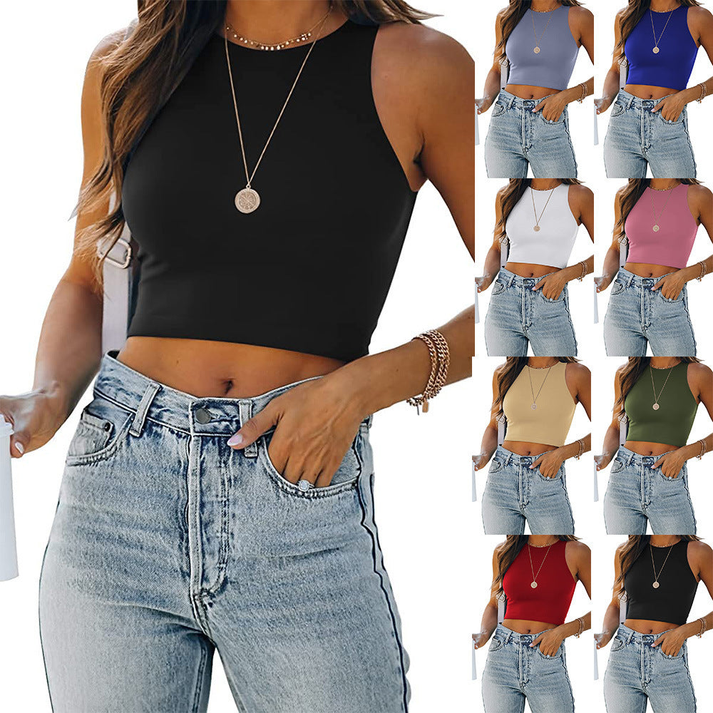 Summer Solid Color Sleeveless Pullover Round Neck I-shaped T-shirt Women's Vest