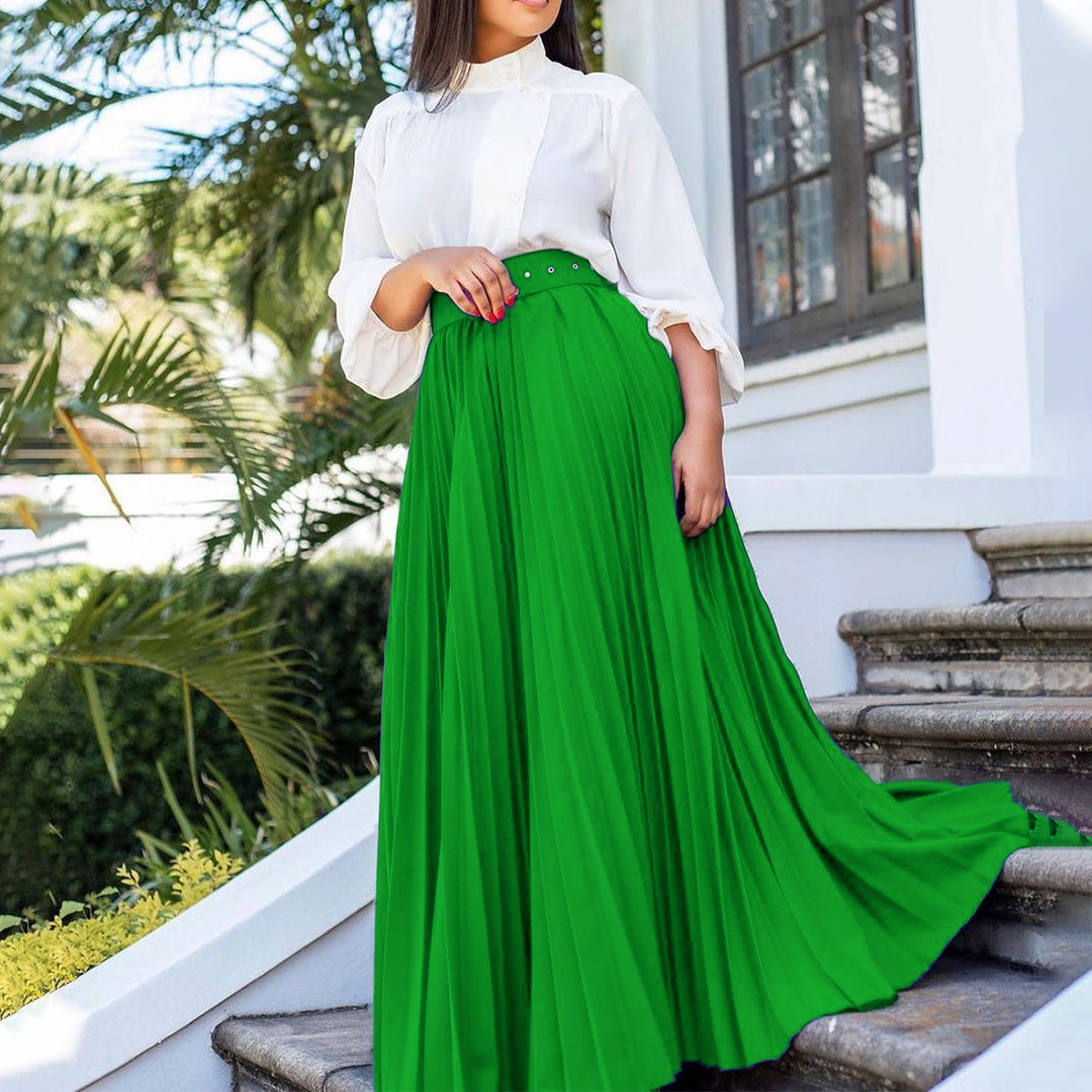 Beautiful Women's Solid Color Elegant Pleated Belt Skirt