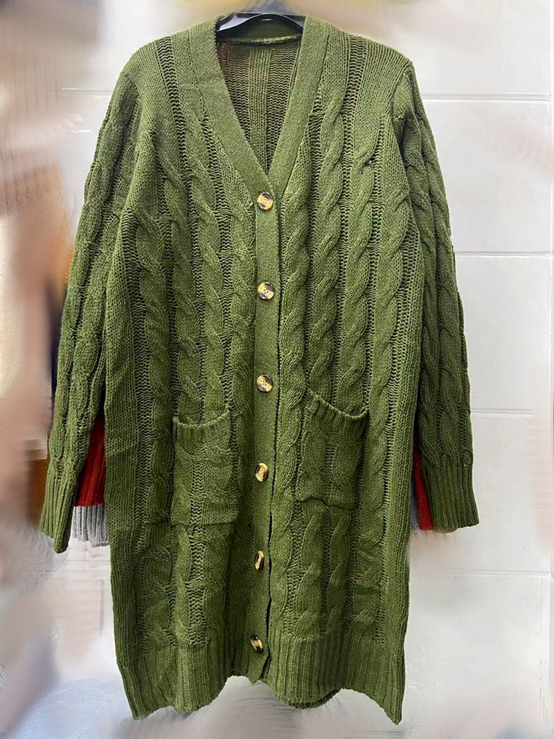 Single-breasted Temperament Commute Twist Pocket Solid Color Knitted Long Sweater Cardigan Coat