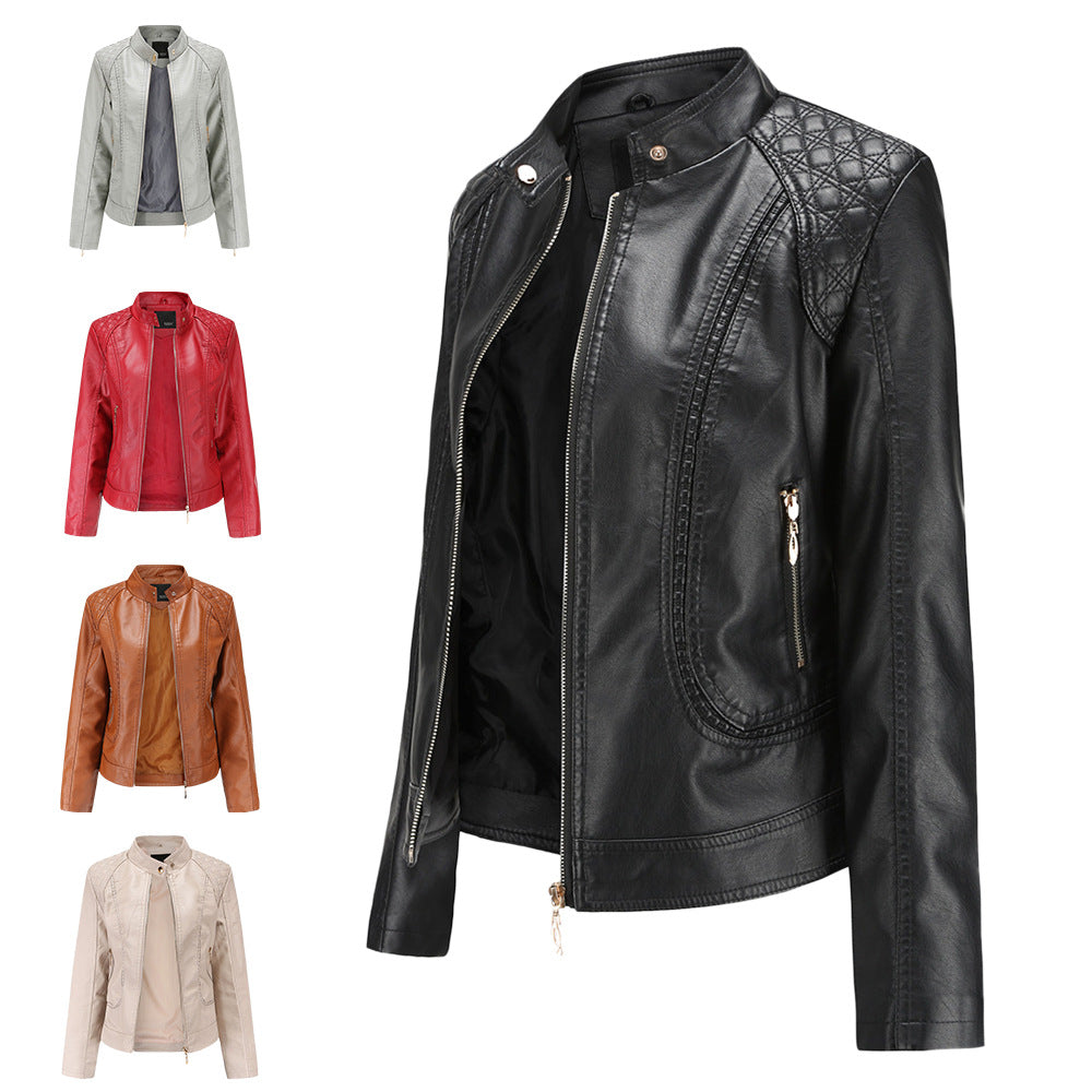Women's Leather Jacket Long Sleeve Temperament Plus Size Collar Coat