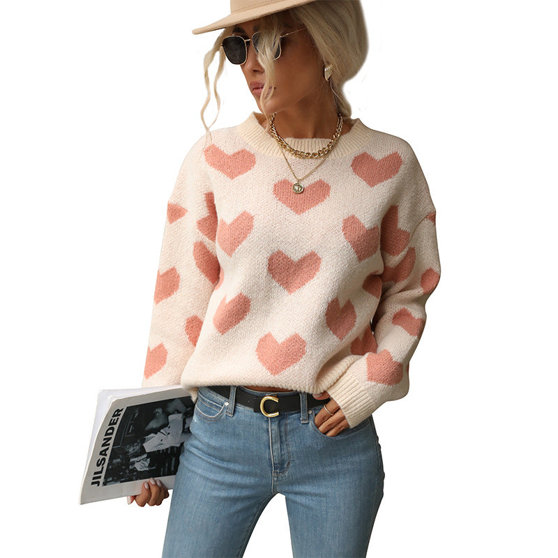 Fashionable Knitted Round Neck Casual Love Long-sleeved Pink Sweater