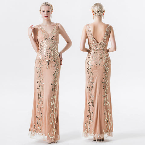 Sleeveless Sequins Elegant Deep V-neck Slim-fit Long Evening Party Women's Dress