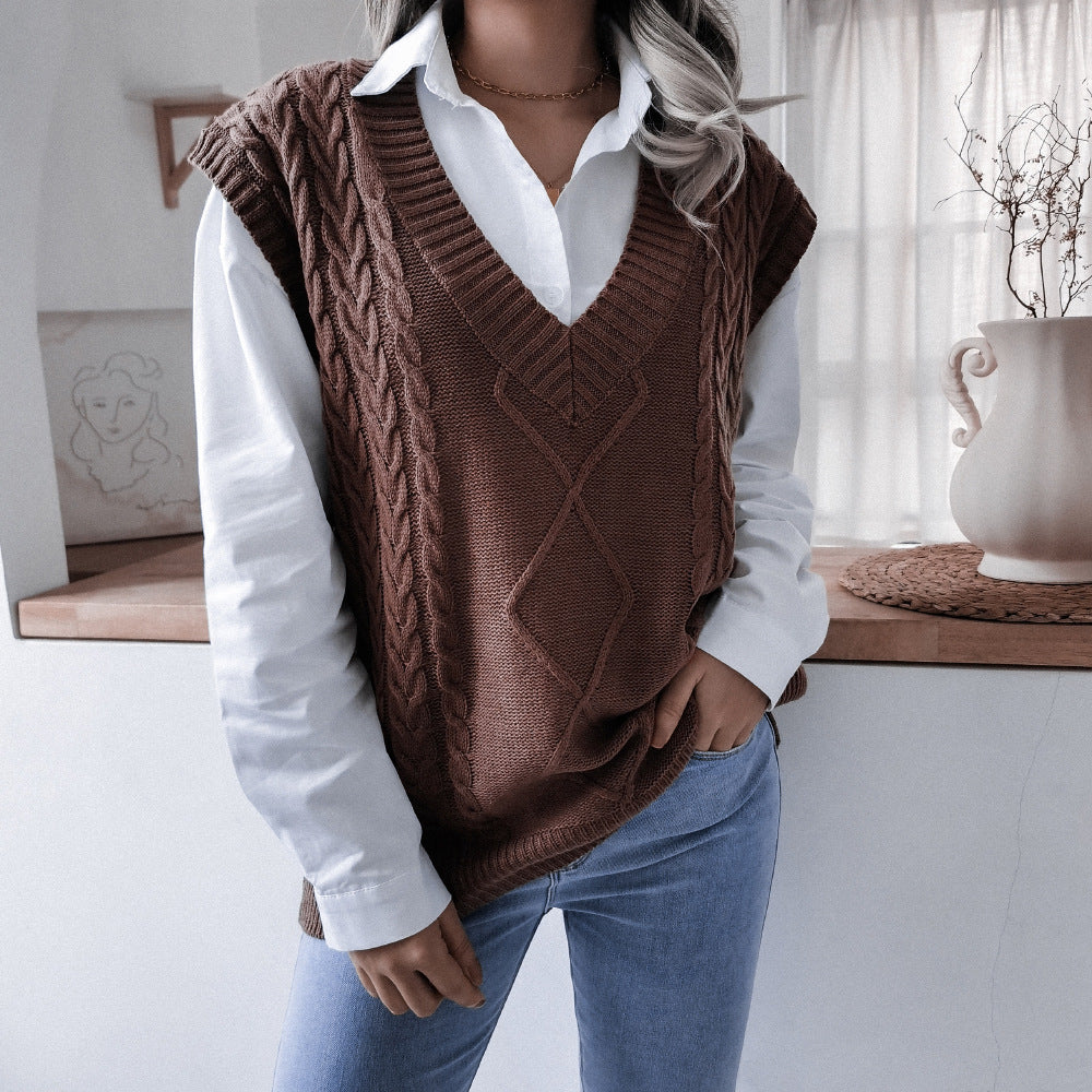 V-neck Twist Casual Loose Solid Color Knit Sweater Women's Vest