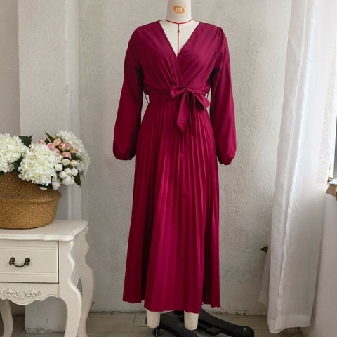 Solid Color Elegant Cross V-neck Swing Pleated Maxi Women's Dress