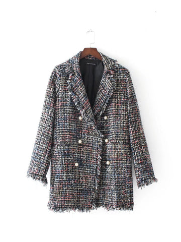Mid-length Lapel Pearl Buckle Tassel Plaid Plus Size Women's Coat