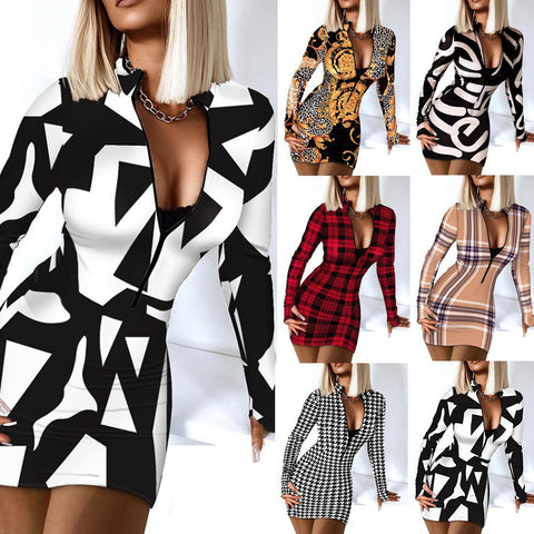 Digital Printing Long Sleeve Slim Fit V-neck Skirt Women's Dress
