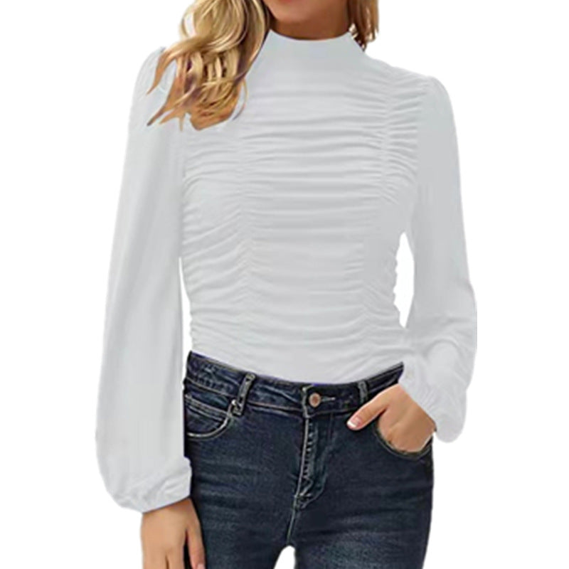 Solid Color Long Lantern Cotton Blend Sleeve Turtleneck Pleated Slim Women's T-shirt