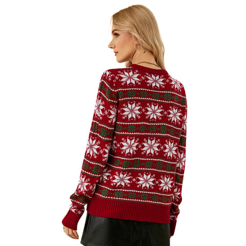 Loose Neck Women's Red Christmas Long Sleeve Snowflake Sweater