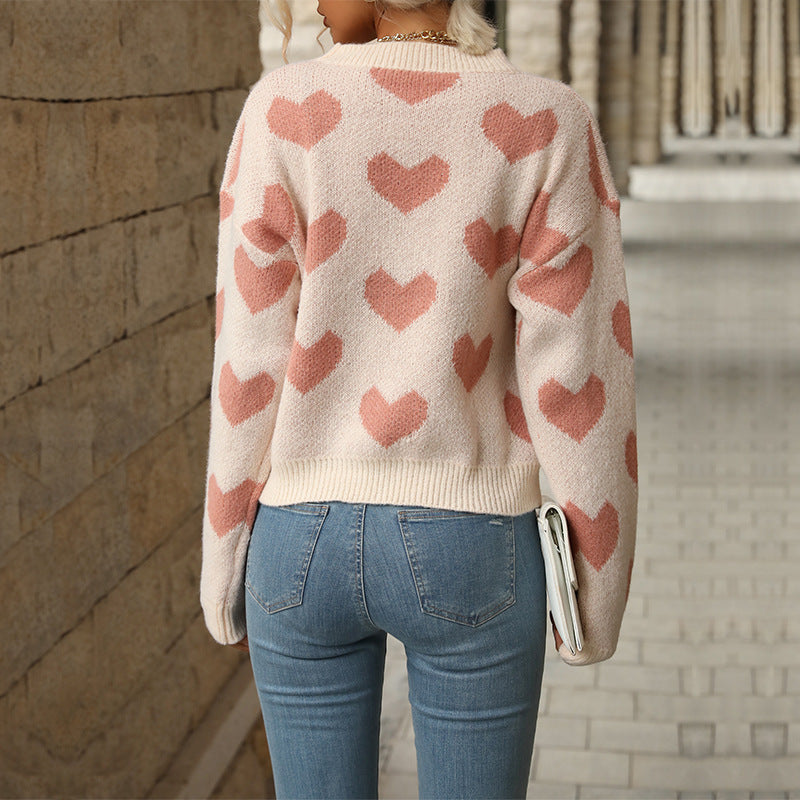 Fashionable Knitted Round Neck Casual Love Long-sleeved Pink Sweater