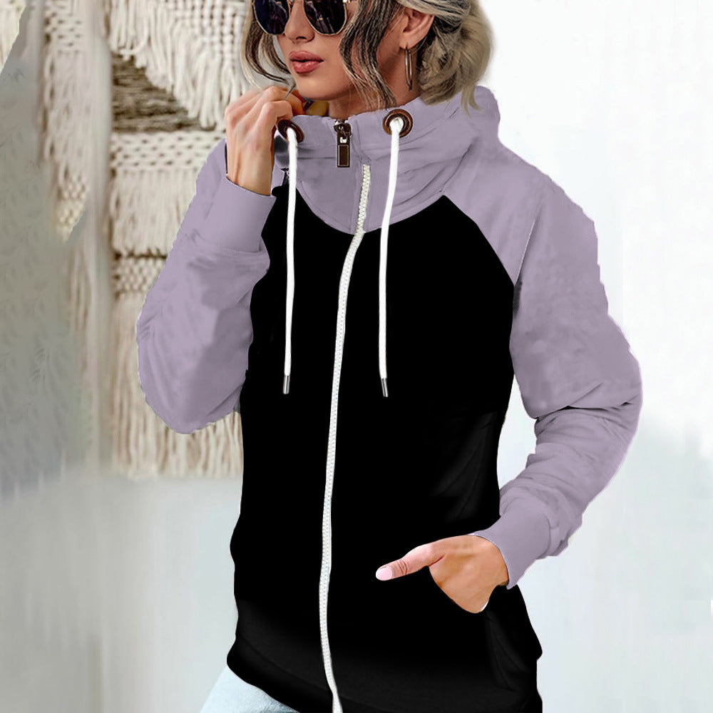 Women's Large Size Color Matching Hoody Thick Loose Coat