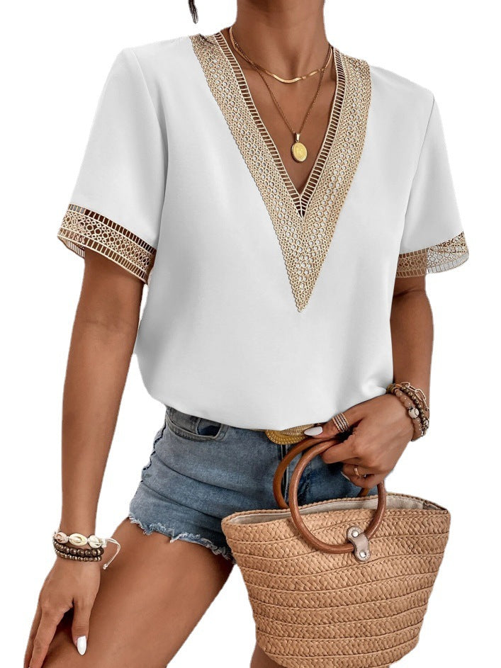 Women's Polyester V-neck Lace Loose Top Temperament Commute Short-sleeved Shirt