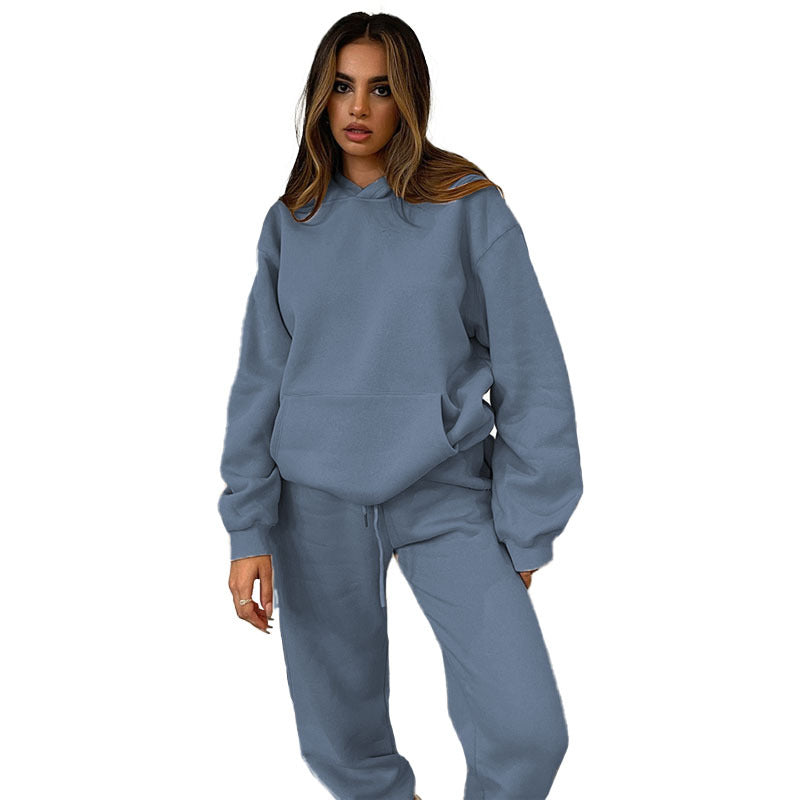 Solid Color Round Neck Pullover Long Sleeve Pocket Sweater Cotton Fashion Trousers Suit