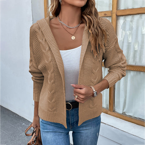 Women's Knitwear Loose Solid Color Hooded Cable-knit Sweater Cardigan Jacket