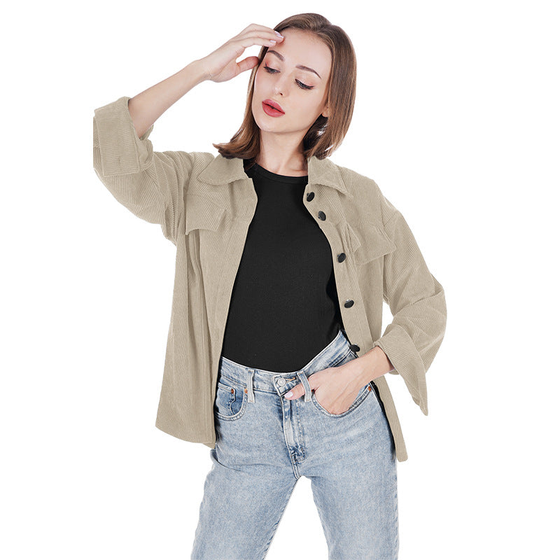 Women's Corduroy Solid Color Street Hipster Breasted Casual Loose Long Sleeve Shirt Coat