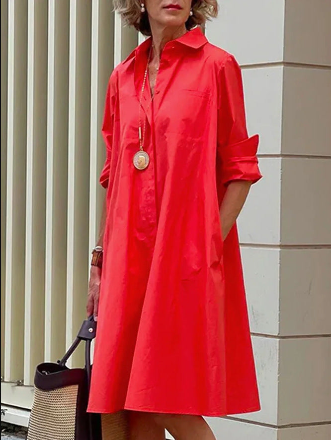 Autumn Shirt Long Polo Collar Sleeve Solid Color Simple Mid-length Dress