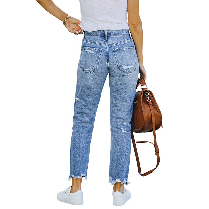 Washed Tasseled Jeans Women's Slim Fit Fresh And Sweet High Elastic Skinny Denim Trousers