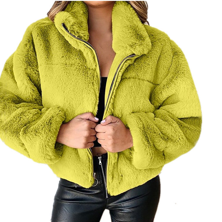 Flannel Women's Rabbit Fur Zipper Cardigan Plush Warm Coat