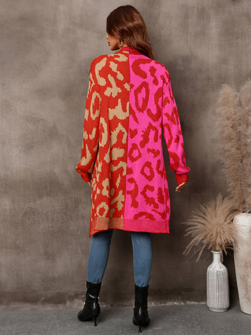 Leopard Splicing Contrast Color Cardigan Mid-length Coat Women's Sweater