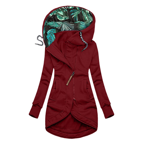Women's Sweater Zipper Loose Solid Color Printing Hooded Long Sleeve Coat