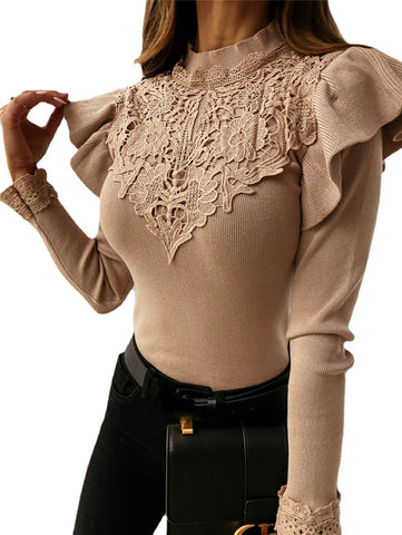 Elegant Style Women's Long-sleeved Round Neck Lace Decorative Solid Color Shirt