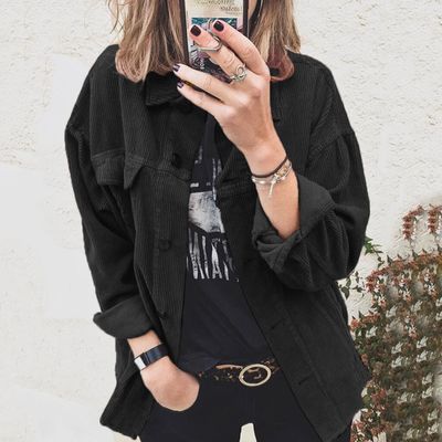 Women's Corduroy Solid Color Street Hipster Breasted Casual Loose Long Sleeve Shirt Coat