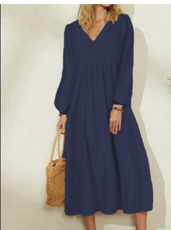 Women's Spring Fashion Wear Cotton Elegant Style Linen Loose Lantern Sleeve Dress