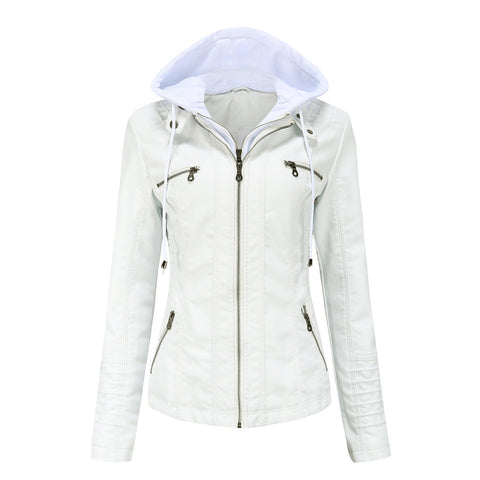 Hooded Leather Two-piece Stand Collar Large Size Coat Women Washed Jacket