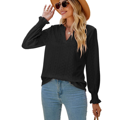 Solid Color Hollow-out Pleated Pullover Ruffle Sleeve V-neck Loose Long Top