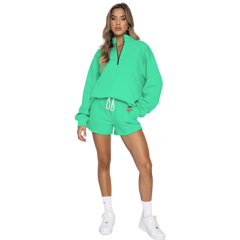 Solid Casual Style Color Collar Zipper Pullover Long Sleeve Sweater Women's Fashion Shorts