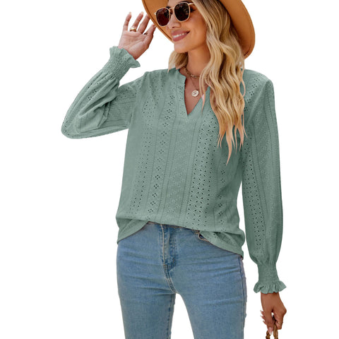 Solid Color Hollow-out Pleated Pullover Ruffle Sleeve V-neck Loose Long Top