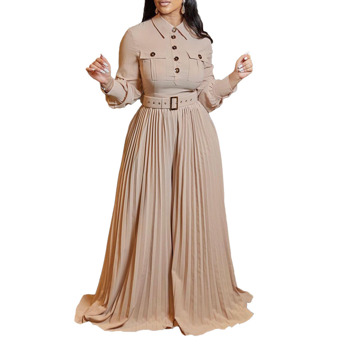 Women's Polyester Long-sleeved Casual Loose Pleated Wide-leg Belt Jumpsuit
